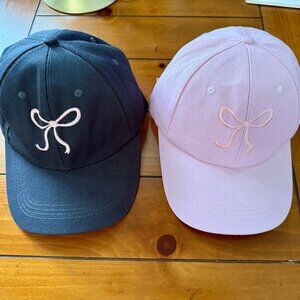NEW 2-Pc PINK BOW CANVAS ADJUSTABLE BASEBALL HAT 1 GRAY & 1 PINK
